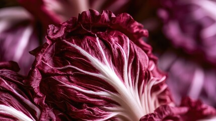 Obraz premium Close-up of dark red leafy vegetable with white veins, selective focus