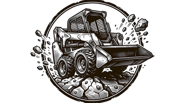 Skid Steer Loader Construction Vehicle Engraving Illustration.