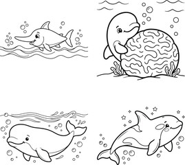 Four marine animals swimming in water bubbles illustration isolated on transparent background