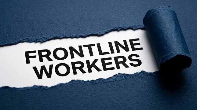 Torn paper effect on blue background revealing frontline workers message