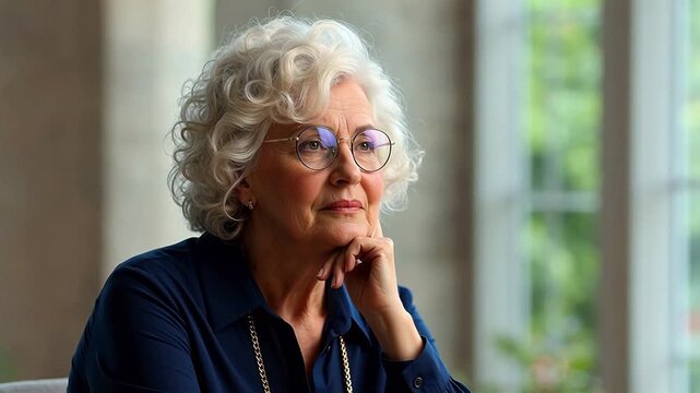 Contemplative Senior Woman with Curly Gray Hair and Glasses, Sitting Indoors by Window in Natural Light