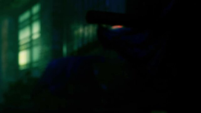 A person holds a gun in a dark room. Shadows are present on the walls. The light comes from a window. The setting feels tense and uncertain.