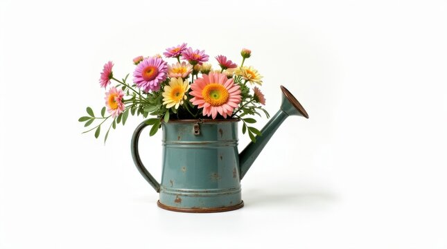 Arreglo floral en una regadera de estilo vintage con una mezcla de flores de jard&iacute;n campestre