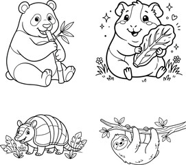 Fototapeta premium Cute cartoon animals eating bamboo leaves in a whimsical setting isolated on transparent background