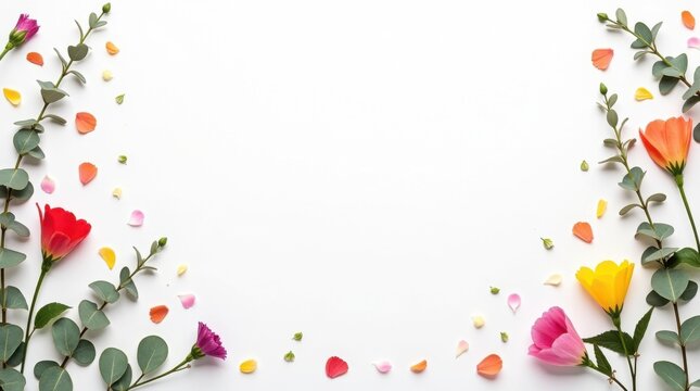 Imagen panor&aacute;mica cenital con flores cortadas individualmente, p&eacute;talos sueltos y ramas de eucalipto