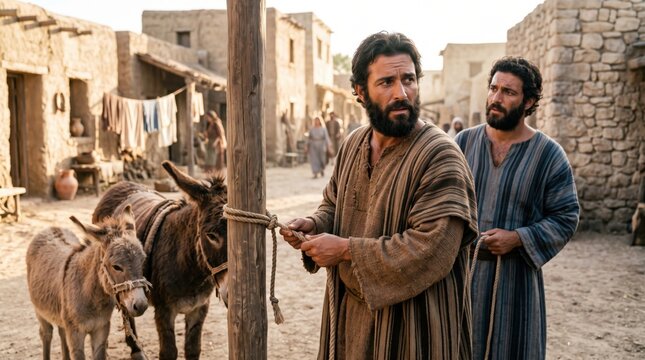 Man disciple untying donkey in ancient village biblical scene. Scene from Gospel showing follower of Jesus preparing for entry into Jerusalem. Historic religious narrative re-enactment.