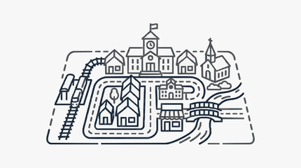 Obraz premium Minimalist Black and White Line Drawing of a Quaint Town with Railway Tracks Houses Church Clock Tower and Bridge