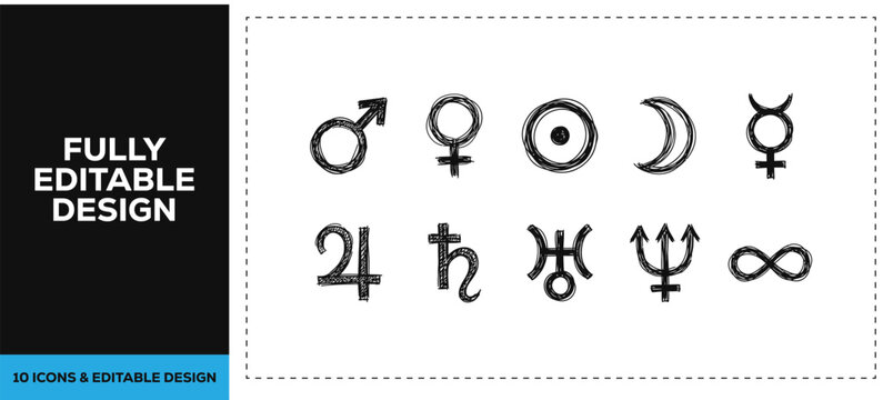 Black ink scribble hand drawn moon phases and astrology zodiac icon set bundle for celestial branding and creative vector sketch doodle astronomy graphics design asset res hd