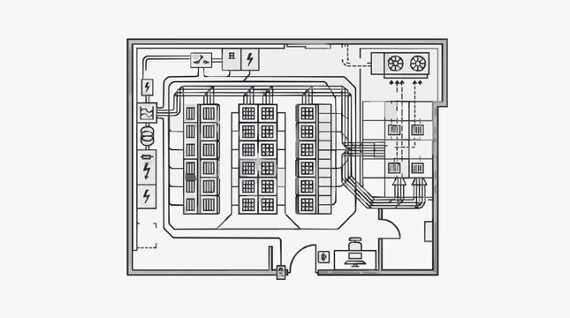 Sleek Black and White Technical Diagram of Server Room Layout with Rack Mounts Cooling Units and Electrical Components