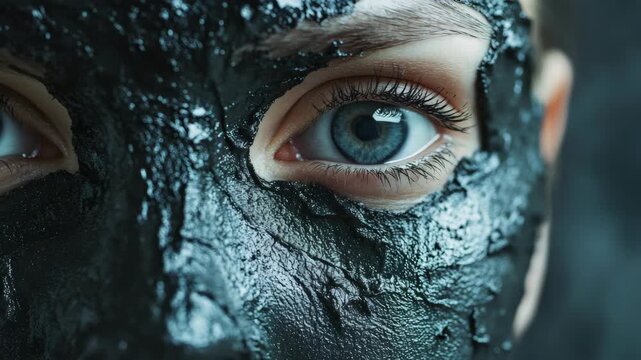 A person is seen with half of their face covered in black mud, the focus is sharp on one eye revealing its blue color. The highlights facial skin care and relaxation.