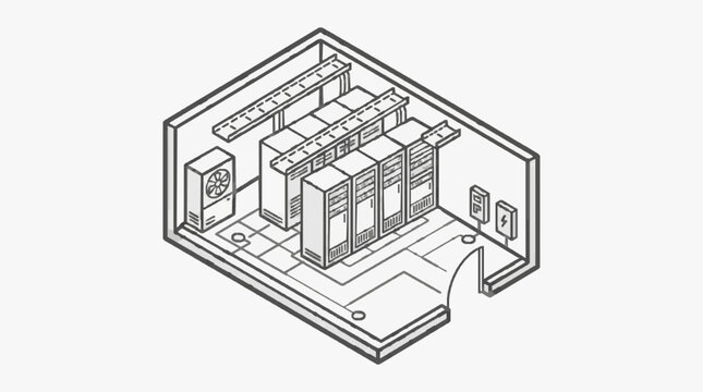 Professional Isometric of a Server Room with Racks Cooling Systems Power Supply and Network Devices