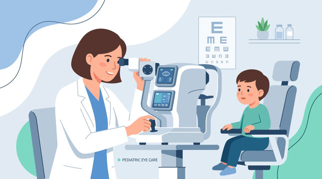 Ophthalmologist examining a boy's eyes with modern equipment in clinic