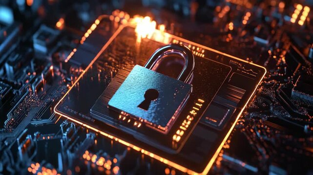 A glowing lock symbol indicating data privacy and security on a circuit board with electronic components in the background.