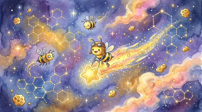 A majestic waterbrush artwork depicting bee-bots navigating a fantasy purple universe filled with geometric honeycomb star constellations