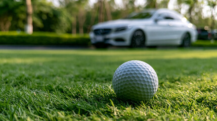 A golf ball rests on lush green grass with a luxury car blurred in the background. It represents a professional lifestyle and elite sporting recreation.