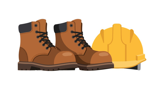 Vector Illustration of Brown Safety Work Boots and Yellow Hard Hat Isolated on White Background - Personal Protective Equipment (PPE) for Construction and Industrial Safety