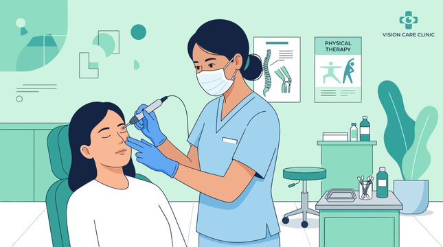 Dermatologist Examines Patient's Face with Micro-needling Device