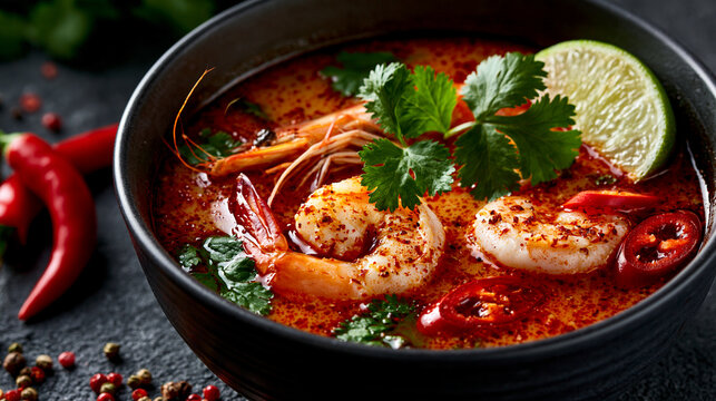 A steaming bowl of spicy Tom Yum soup with shrimp, lime, and chili in dark lighting. Perfect for authentic Thai culinary advertising campaigns.