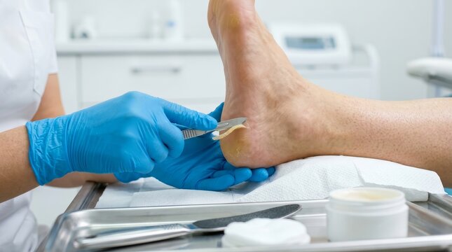 Close-up of a podiatrist using a surgical blade to treat callus on a patient's foot.