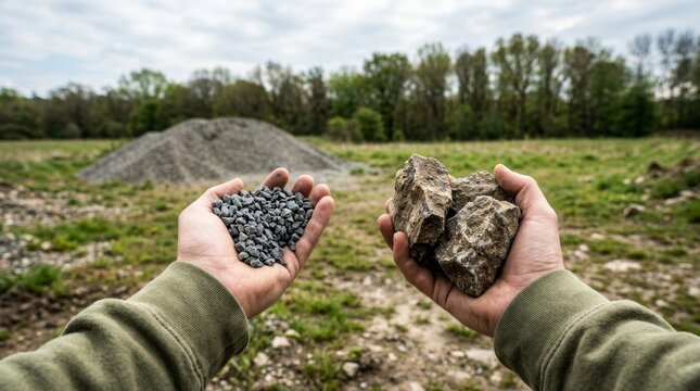Hands displaying different types of crushed gravel aggregate and raw rock samples in a field.