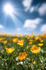 Fototapeta premium Bright sun shines on a field of vibrant yellow wildflowers under a blue sky (2)