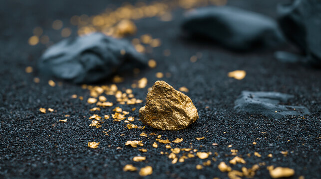 A single raw gold nugget sits amidst scattered gold flakes and dark volcanic sand. This image represents wealth, mining success, and valuable investment concepts.