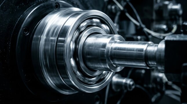 A detailed macro shot of a rotating steel ball bearing on industrial machinery.
