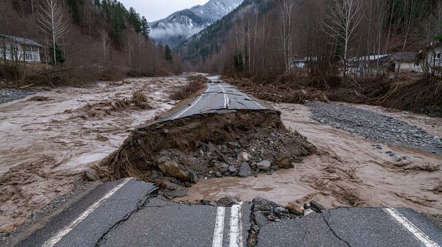 A severely damaged mountain road is washed away by a raging muddy flood. This scene illustrates the devastating impact of extreme weather and natural disasters.