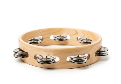 Wooden Tambourine with Metal Jingles Isolated on White Background - Percussion Instrument for Folk and Modern Music