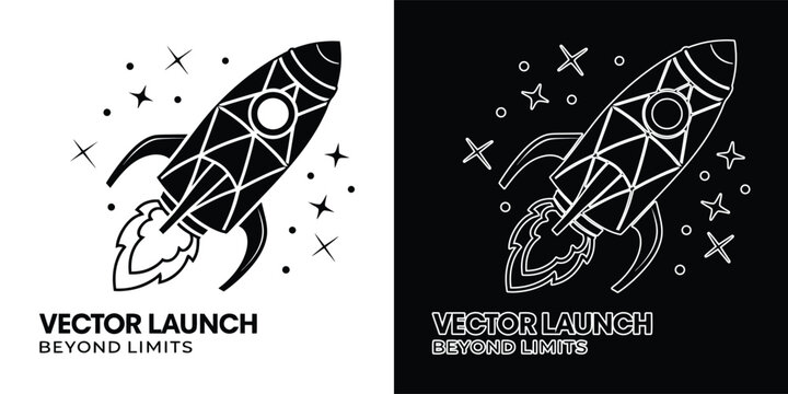 Simple black and white rocket ship flying through outer space