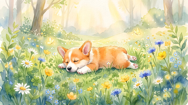 A sun-drenched waterbrush painting of a corgi puppy splooting flat on its belly while napping in a warm, bright field of yellow flowers