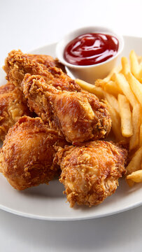 Crispy fried chicken broast with French fries and ketchup 