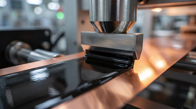 Close up of automated slot die coater applying black electrode slurry onto continuous copper foil during lithium-ion battery manufacturing