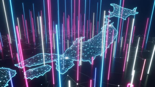 光るノードと上昇するデータバーで構成された日本の3Dデータビジュアライゼーション