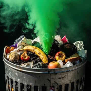 Green vapor clouds rise from an overflowing metal trash bin filled with rotten food scraps and waste under a harsh overhead outdoor light, refuse, decomposing, smell