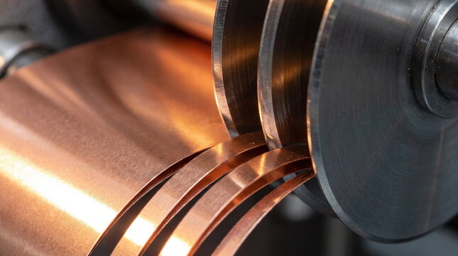 Close up of industrial rotary blades slitting a wide roll of copper foil into narrow strips for battery electrode production