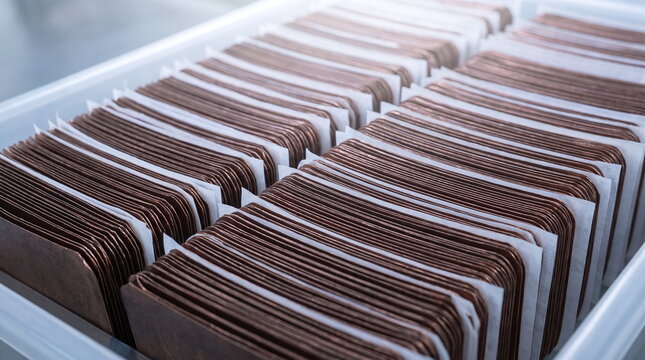 Close up of neatly stacked copper electrode plates separated by white material in a tray for battery assembly