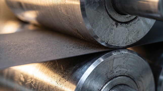 Close up of metal calendering machine rollers pressing dark electrode film during battery manufacturing process