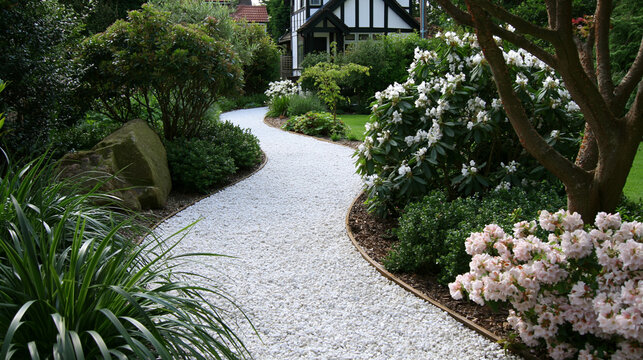 A serene gravel path winds through a lush, blooming garden with white and pink rhododendrons. It represents peaceful landscape design for home improvement projects.