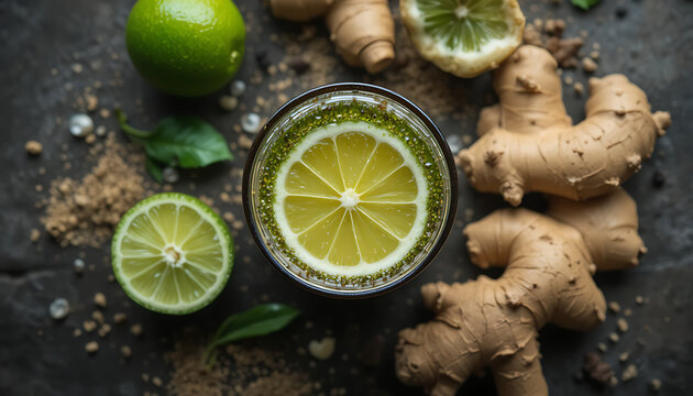 Fresh lime and ginger slices on dark slate. Citrus fruit and spice ingredients for detox water and healthy drinks.