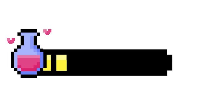 Pixel art graphic Enchanting pink potion bottle, floating hearts, retro 8-bit UI bar. Ideal for nostalgic game interfaces and fantasy digital projects