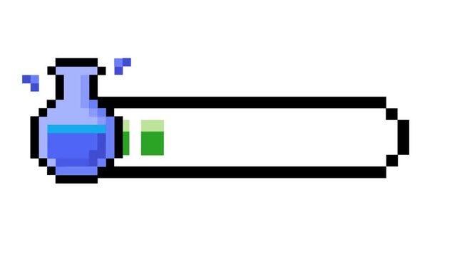 Retro pixel art status bar featuring a vibrant blue potion flask icon and a dynamic progress indicator, perfect for vintage arcade game user interfaces and contemporary digital displays