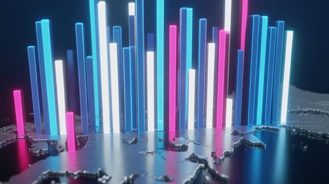 日本の3Dマップから上昇する青・白・ピンクの光るデータバーのローアングル