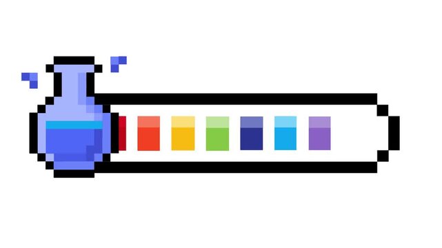 Pixel art progress bar with a blue potion flask and a vibrant rainbow spectrum, ideal for retro game UI depicting health, mana, or skill levels
