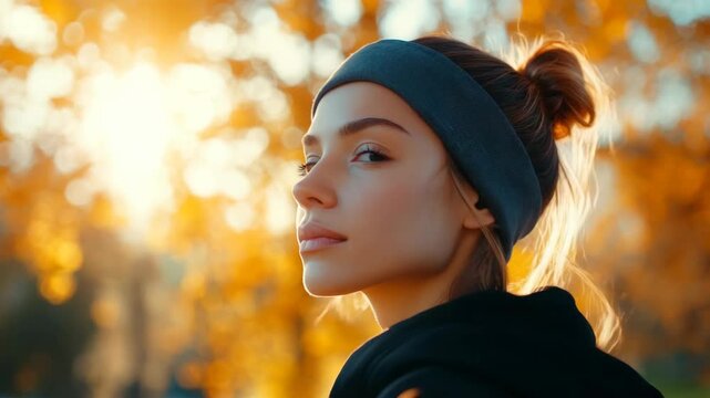 Smiling person outdoors with fall foliage