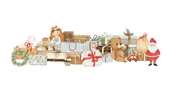 Christmas watercolor isolated banner with gifts, soft toys, doll, santa and wreath for your design cards, invitation or greeting cards, home decoration, shop or wrapping gifts. Handmade illustration.