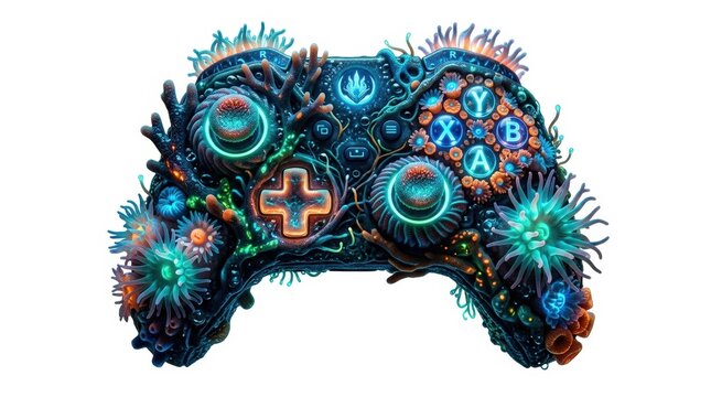 Glowing blue and green gaming controller with neon lights isolated on transparent background, isolated on white background