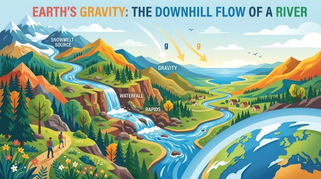 Illustrated diagram showing earths gravity pulling river water downhill through mountains.