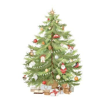 Christmas tree with cute watercolor Christmas toys and gifts, isolated illustration of hand-drawn holiday symbols for invitation or greeting card, print, poster, home design, colorful design element.