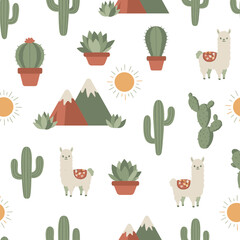 Fototapeta premium Cute Llama and Cactus Pattern